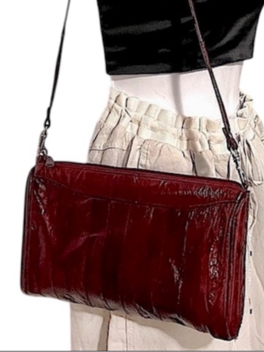 Burgundy Maroon Red Patchwork Snake Print Eel Leather Shoulder Clutch Pouch Bag